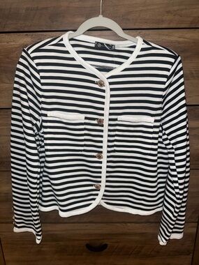 Striped Black & White Knit Cardigan Sweater